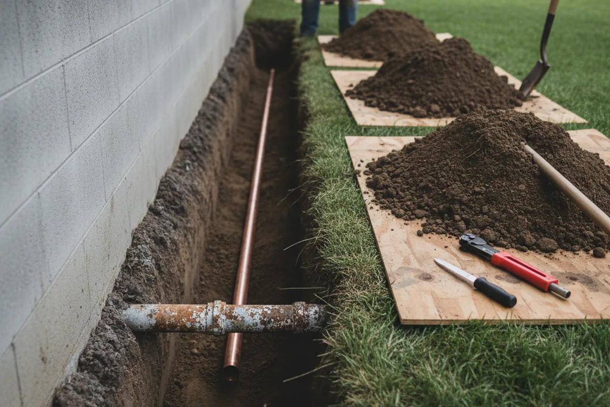 Excavated water line trench during Water Heater Repair in Cowansville